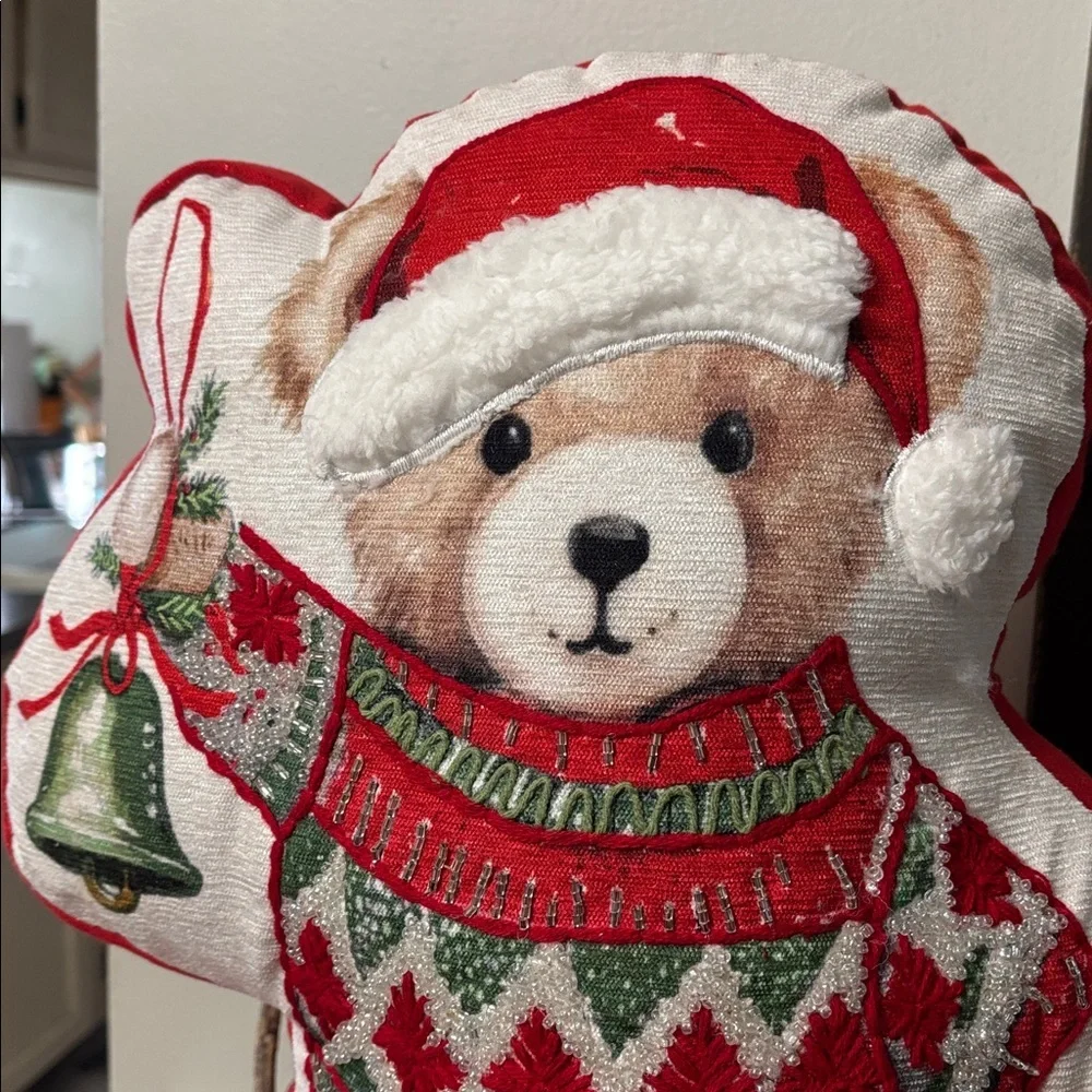 NWT! Jingles & Joy Beaded Teddy Bear Shaped with Bell Christmas Throw Pillow